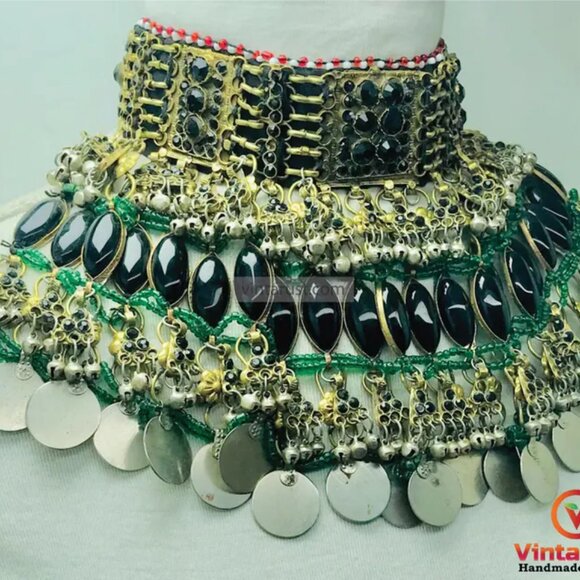 Black Gypsy Layered Choker Necklace, Handmade Necklace With Black Glass Stones - Picture 3 of 11